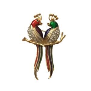Vintage Parrot Brooch 2 Birds on a Branch Enamel Paint Rhinestones Gold Tone